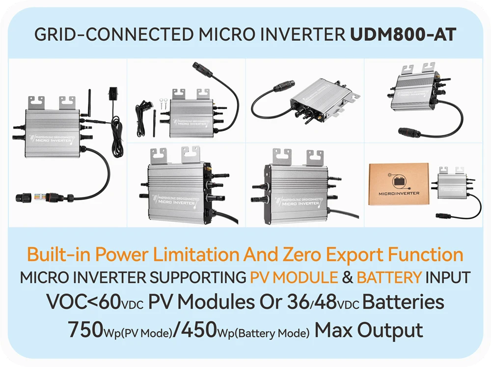 Wi-Fi 및 역류방지 기능, AT800/1000/1200W 하이브리드 마이크로 인버터, 태양광/배터리 입력 20-60V, 출력 180-265V