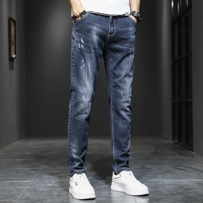2023 Spring Summer Men's Jeans Korean Fashion Pants Classic Overalls Straight Trousers for Men Large Size Blue Worn Slim Fit