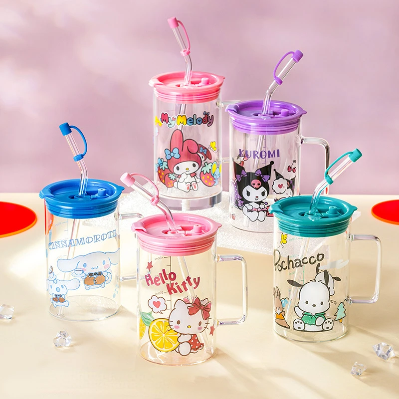 

Sanrio Straw Glass Hello Kitty Kuromi My Melody Office Large-capacity Water Cup Summer Home Cold Drink Cup Children's Cute Gifts
