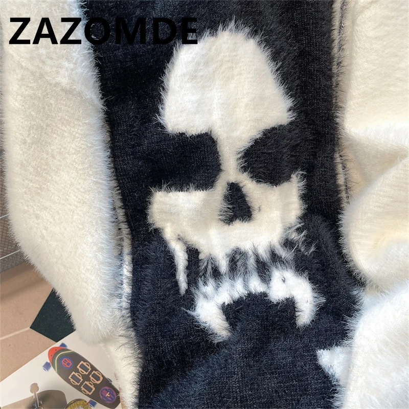 ZAZOMDE Winter Warm Sweaters Skull Head Patchwork Hip  Hop Knitwear Sweaters For Men Y2k Pullovers O Neck Woolen Jumper Clohtes