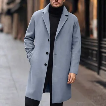 Casual Mid-Length Men's Woolen Coat Knee-Length Single-Button Suit Collar Knitted Outerwear Polyester Fiber Urban Style