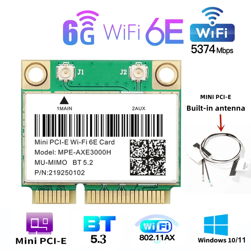 와이파이 6E 카드 5374Mbps 블루투스 5.3 미니 PCI-E 어댑터, AX210 2.4G, 5G, 6G, 노트북 윈 10, 11 용