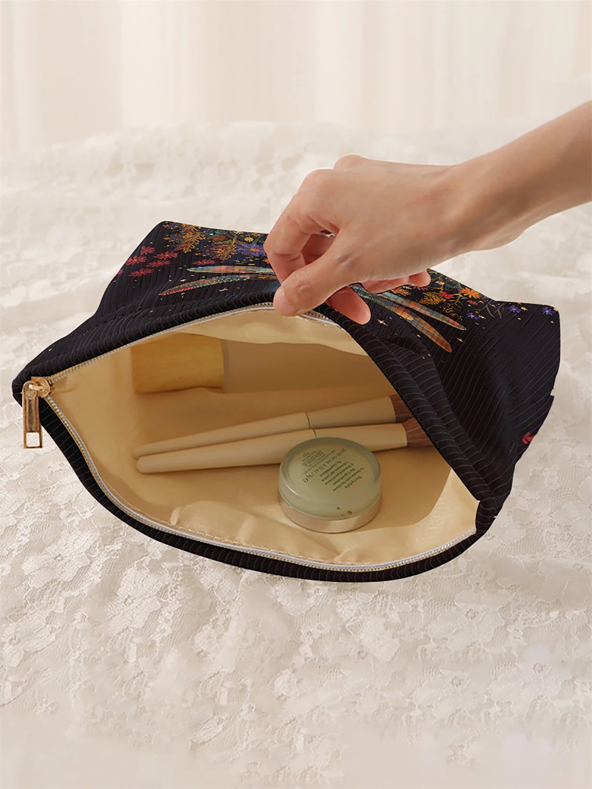 1 dragonfly corduroy makeup bag, lightweight zipper makeup storage box, multifunctional bag with lining