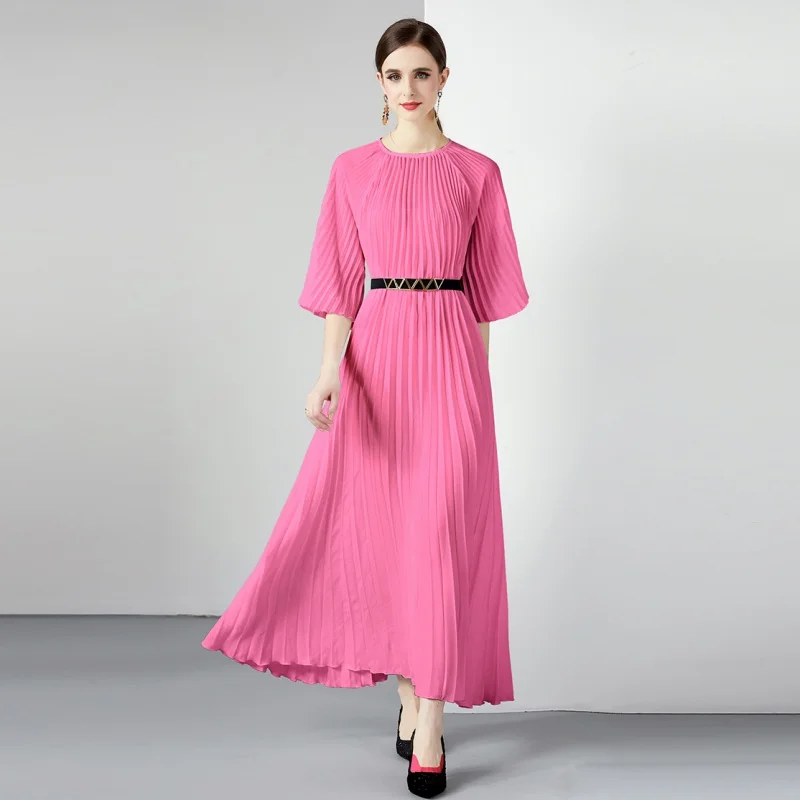 

Miyake New Summer Pleated Long Dress Women O-Neck Lace-up Belt Solid Loose Large Size Splicing Vintage Party Dresses 2023