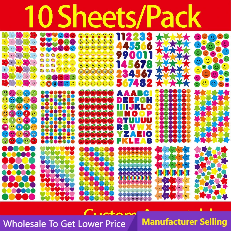 10sheets/pack Phone Notebook Message Decor Kids Toys Toddlers Motivational Reward Star Heart Smile Number Alphabet Face Stickers