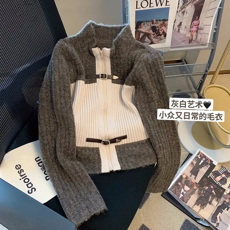 

2023 Autumn Winter Retro Knitting Cardigan Women Long Sleeve Zipper sweaters Women's Vintage Patchwork Belted Ladies Sweater Top