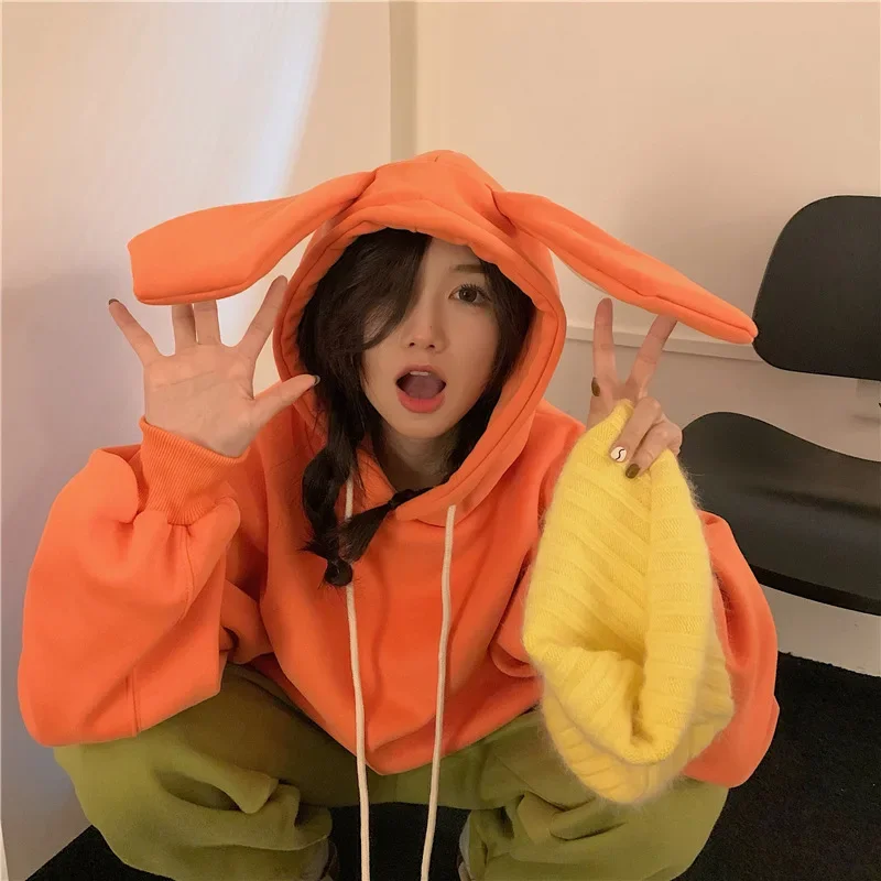 Fashion 2022 Korean Cute Kawaii Harajuku Loose Plus Fleece Sweater Rabbit Ears Hooded Long-sleeved Sweater Pullover Sweatshirt