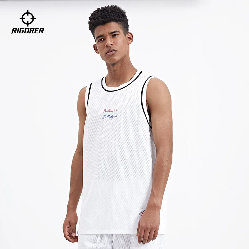 RIGORER Sports man vest sleeveless Leisure Sweat-wicking Breathable Mesh Loose Basketball Print tank top singlet sleeveless man