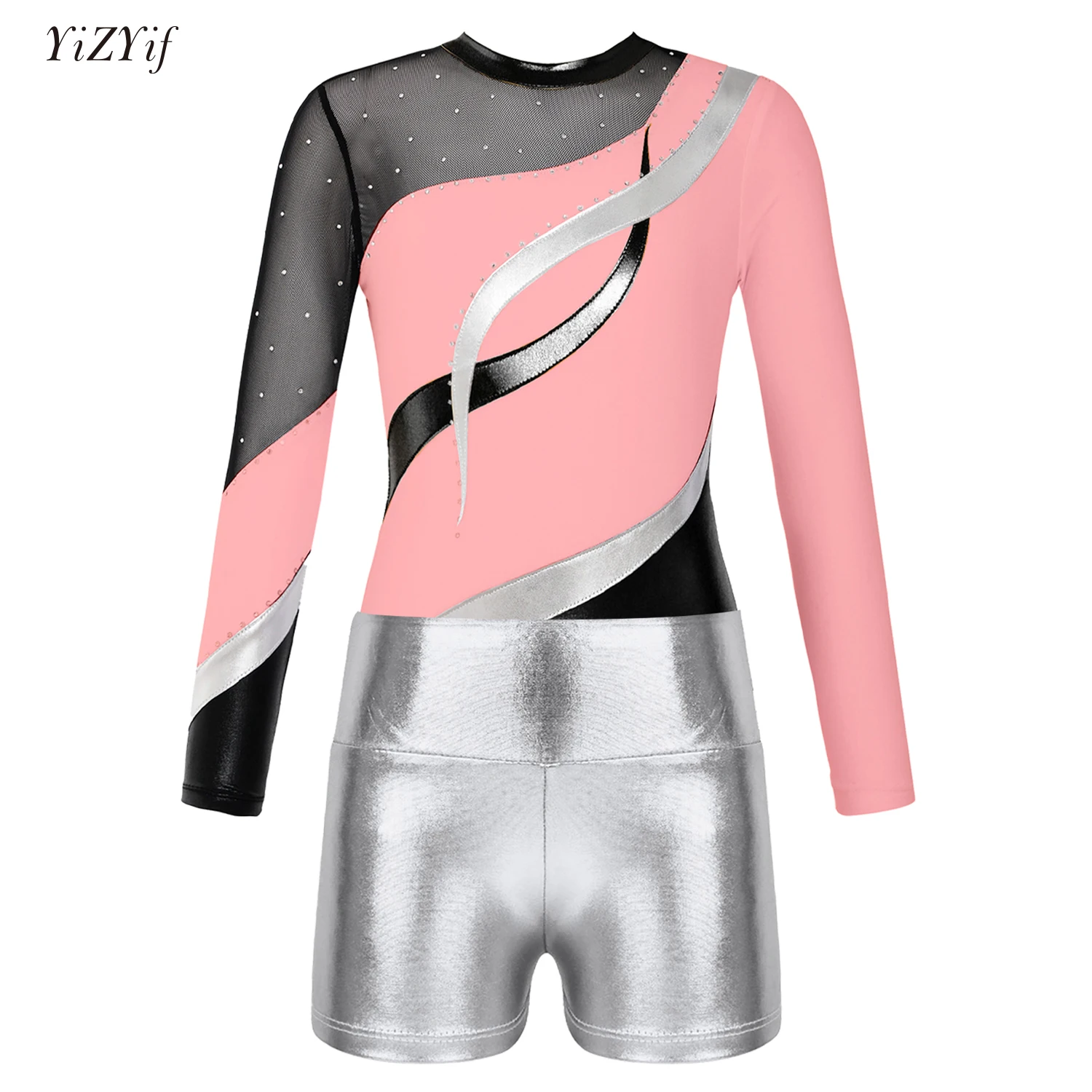 

Teen Kids Girl Gymnastics Bodysuit Dancewear Ballet Leotards Girls Long Sleeve Rhinestones Dance Leotard with Shorts Outfits
