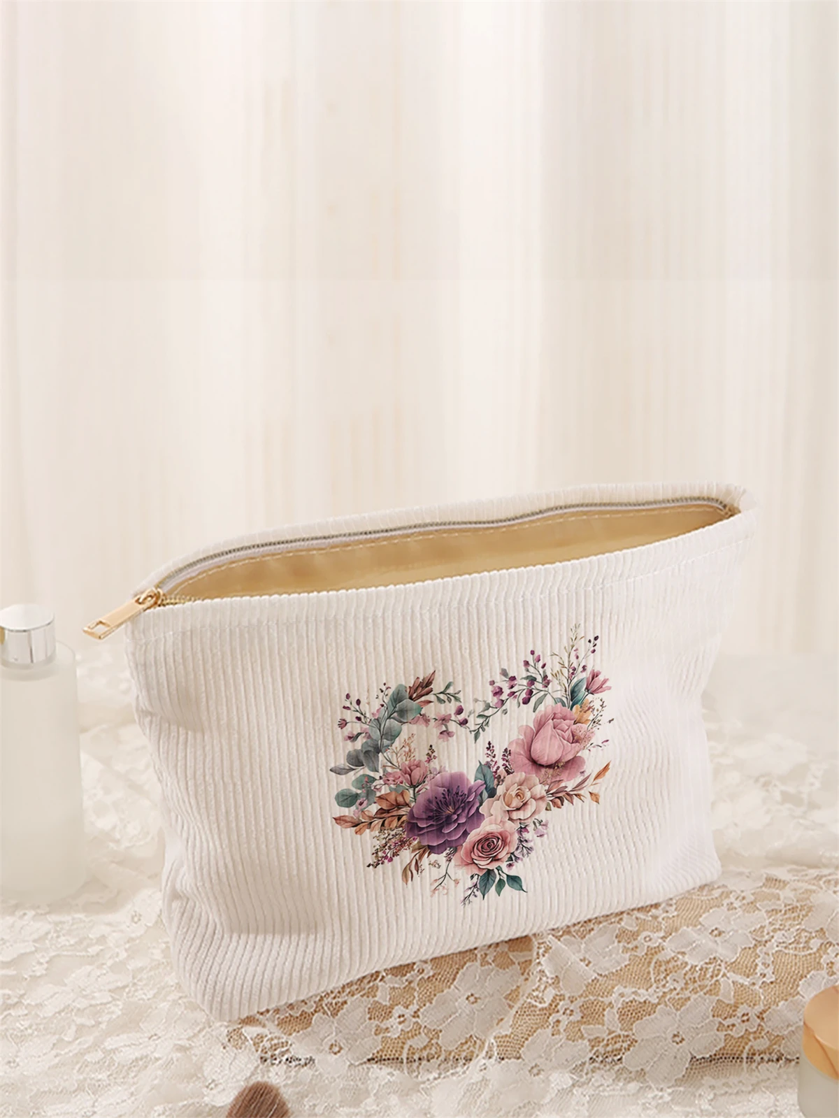 1pc floral pattern printed corduroy makeup bag, lightweight zipper makeup storage box, multifunctional bag with lining