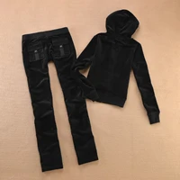 Velvet Tracksuit Solid Color Hooded Women Suit Velvet Sports Suit 2pc Thickened Solid Color Hooded Top + Casual Trousers 1