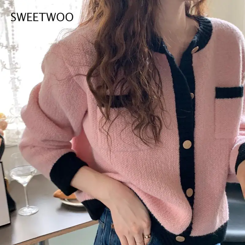 

Fashion Color Block O-Neck Female Cardigan Autumn Office Lady Long Sleeve Women Cardigan Sweater Female Knitted Short Coat Tide