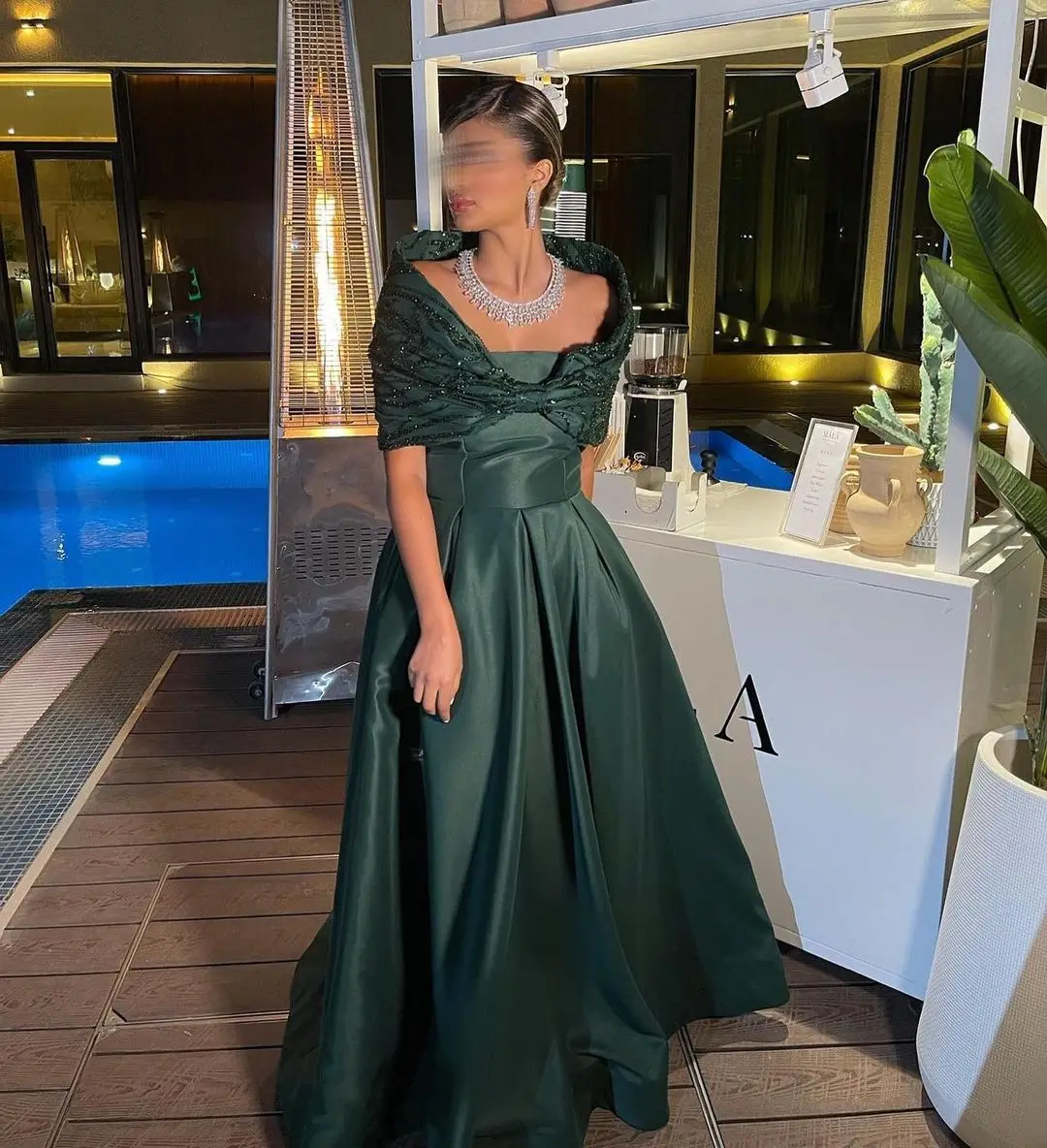 

Army Green Satin Long Prom Dresses A-line Strapless Beaded Shawl Floor Length Saudi Arabia Women Evening Party Dress