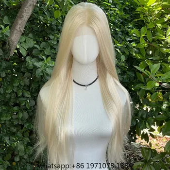 Parrucche Lace Front 13x4 in Capelli Sintetici Biondo Chiaro per Donne, Lunghe 26 Pollici, Lisce, con Parte Libera, Densità 150%, Senza Colla, Semi-Lavorate a Mano