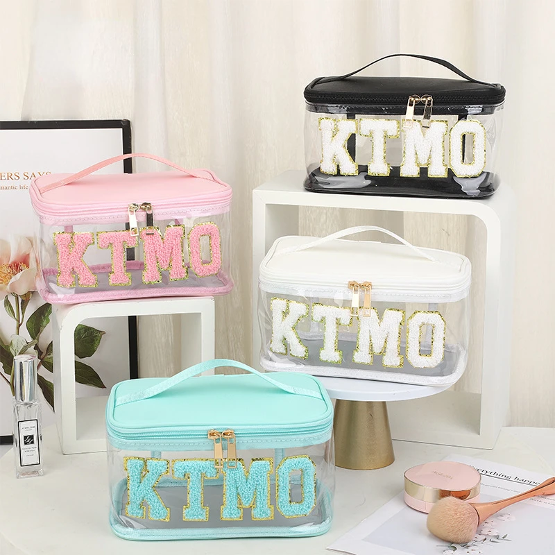 

Clear PVC Cosmetic Bags Women Fashion Letter Patches Makeup Handbags Female Simple Large Capacity Travel Toiletries Pouch