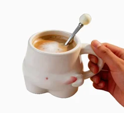 Artisan Ceramic Coffee Mug with Unique Handcrafted Handle - Stylish Decorative Drinkware - About 320ml (WHITE)