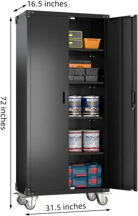 Garage Storage Cabinet with Wheels,72" H Metal Storage Cabinet with 2 Doors and 4 Adjustable Shelves for Garage Home