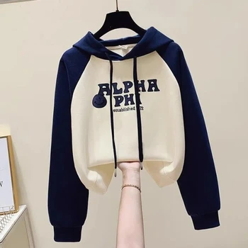 Color Blocked Short Hooded Long Sleeved Sweatshirt for Women Korean Version New Fashion Trend Niche Versatile Top for Women