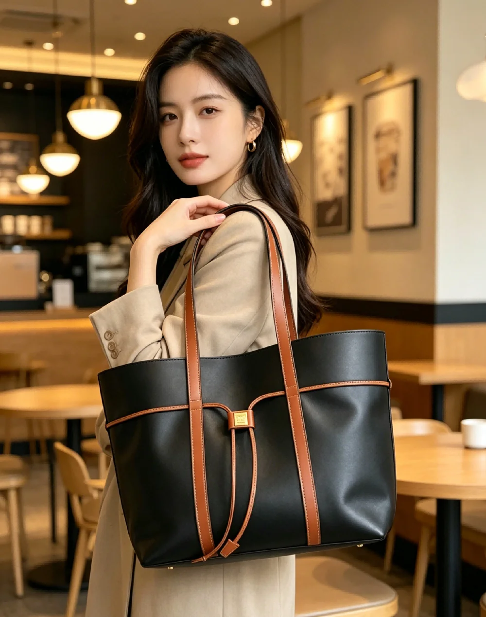 High-end Women Tote Bag Large Capacity Lychee Pattern Versatile Fashion Luxury Designer Shoulder Shiny Leather Bucket Bag