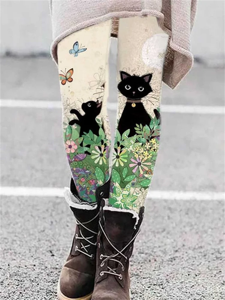 الكرتون القط المطبوعة المرأة عارضة طماق ضيقة الربيع والخريف عالية الخصر قيعان للسيدات السراويل الطويلة