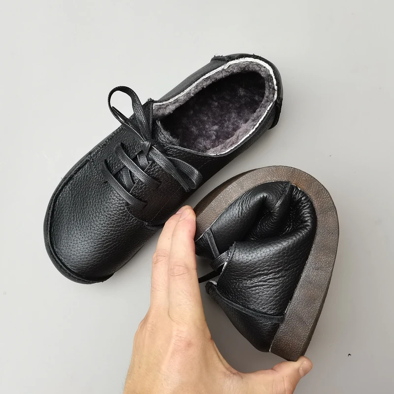 Careaymade-Genuine leather Sheepskin wool women's shoes low top lace up flat soft cow tendon sole warm cotton winter shoes