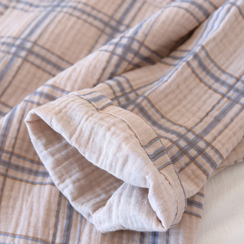 Japanese new spring and autumn men's 100% cotton crepe plaid pajamas long-sleeved trousers two-piece large size home service set