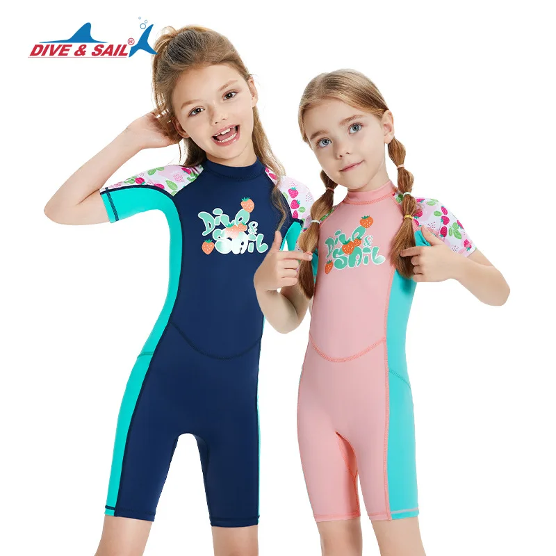 

Children's Quick Drying Swimsuit Kid's Short Sleeves One Piece Sunscreen Anti-jellyfish Swimming Surfing Diving Suit Navy Pink