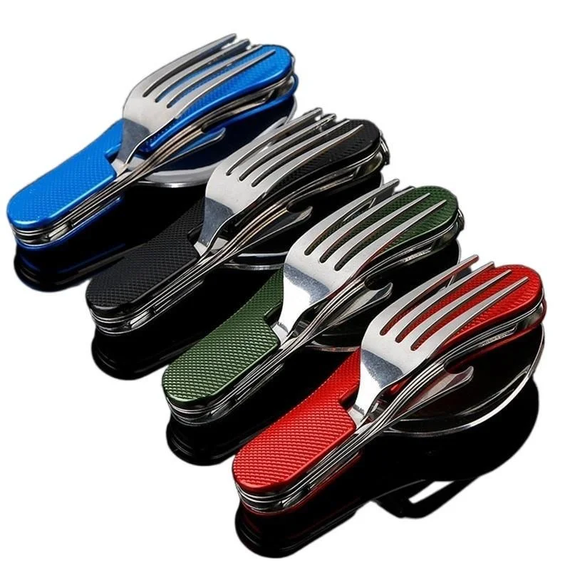 Portable Cutlery 4 in 1 Camping Utensils Cutlery Camping Stainless Steel Folding Pocket Kits Hiking Survival Travel