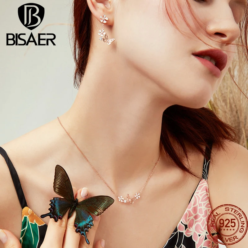 BISAER 나비 & 꽃 쥬얼리 세트 목걸이 귀걸이 도금 로즈 골드 여성을위한 우아한 파인 쥬얼리 선물