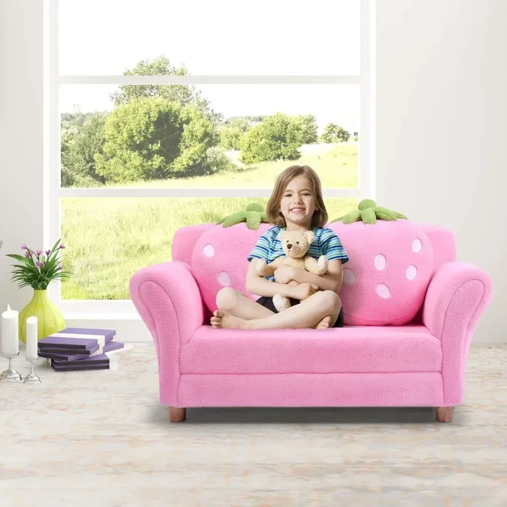 Children's sofa, upholstered toddler armchair with ergonomic backrest and 2 strawberry pillows, two-seater toddler armchair 3