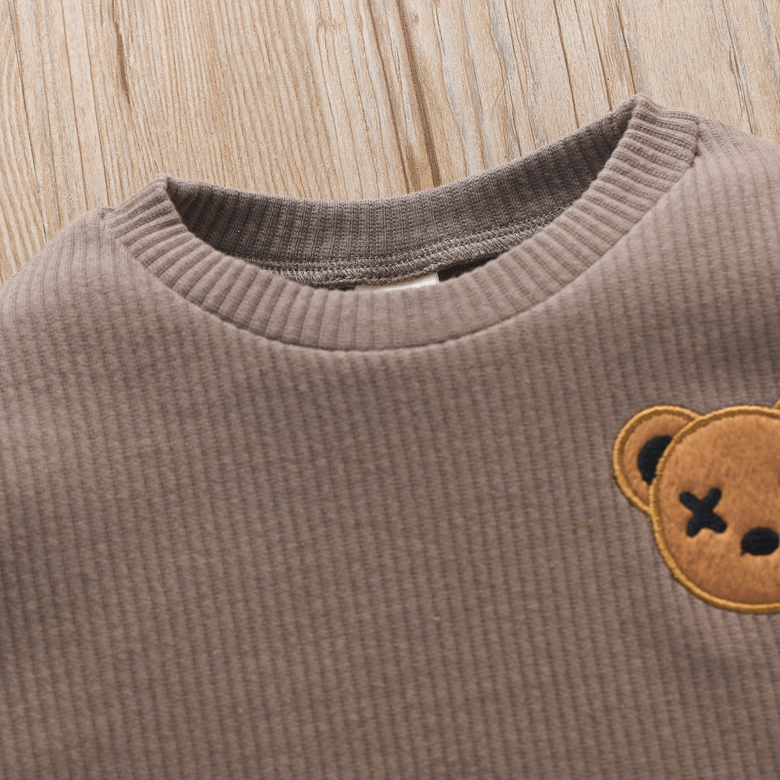 -06-02 Lioraitiin 0-4Years Little Toddler Boy Round Neck Long Sleeve Embroidered Bear Patch Tops Elastic Waist Long Pant
