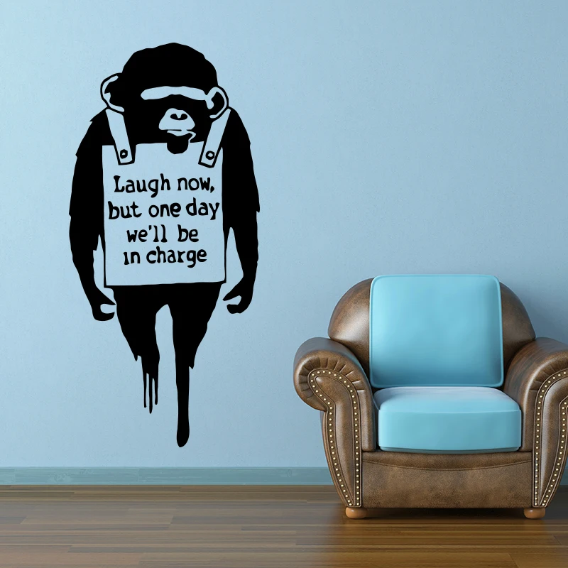 

BANKSY Monkey With Quote Laugh Now WALL STICKER Home Decor Chimp With Text Street Graffiti Art Vinyl Decals House Decoration