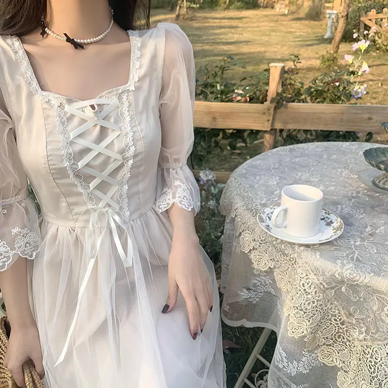 

2023 New Summer Lace Dresses Women Casual Whtie Fairy Vestidos Long Sleeve Maxi Skater Dress Lolita Harajuku Cottagecore Robe