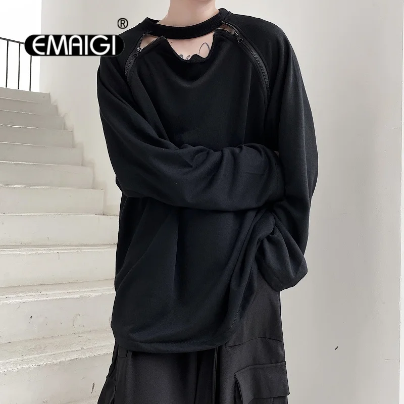 

T Shirt Men Zipper Collar Oversize Long Sleeve Loose T-shirt Male Women Harajuku Streetwear Hip Hop Vintage Casual Tops Tees