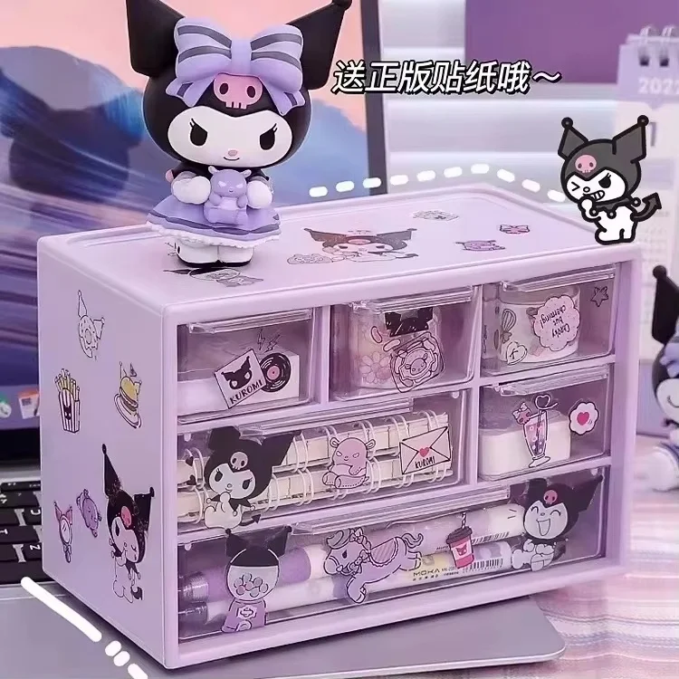 Sanrio Six Square Grid Storage Box Drawer Transparent Desktop Kuromi Melody Cinnamoroll Pochacco Pompurin Stationery Storage ﻿