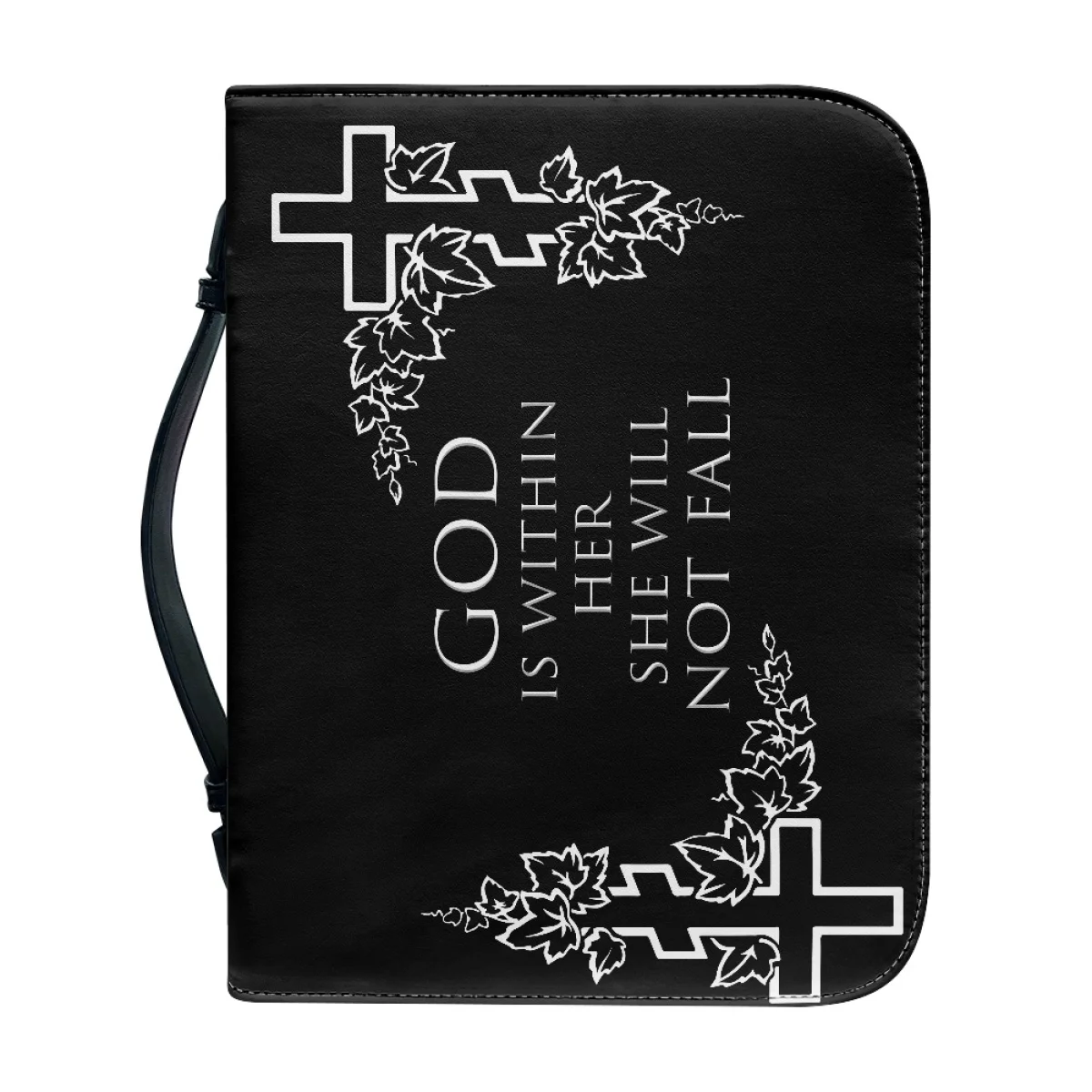 FORUDESIGNS Black Leather Bible Cover Cross Art Design Carrying Book Case Church Bag Bible Protective Handle Zippered Pocket