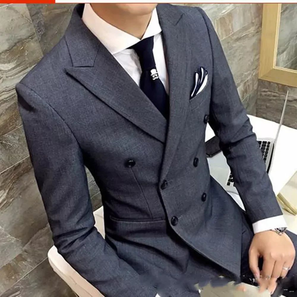 

New Arrival Slim Fit Grey Double Breast Mens Suit Tailor Made Business Formal Wedding Suit 2 Pieces Costume Homme Blazer Pants