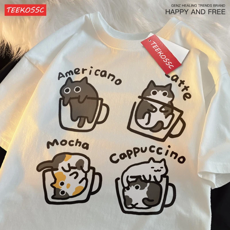 thumbnail image 1 of Camiseta holgada de manga corta de verano a la moda de algodón puro con café de gato para hombres y mujeres, camisetas originales de Mocha Latte Cats Three Flowers Fun Cat, 1 of 5