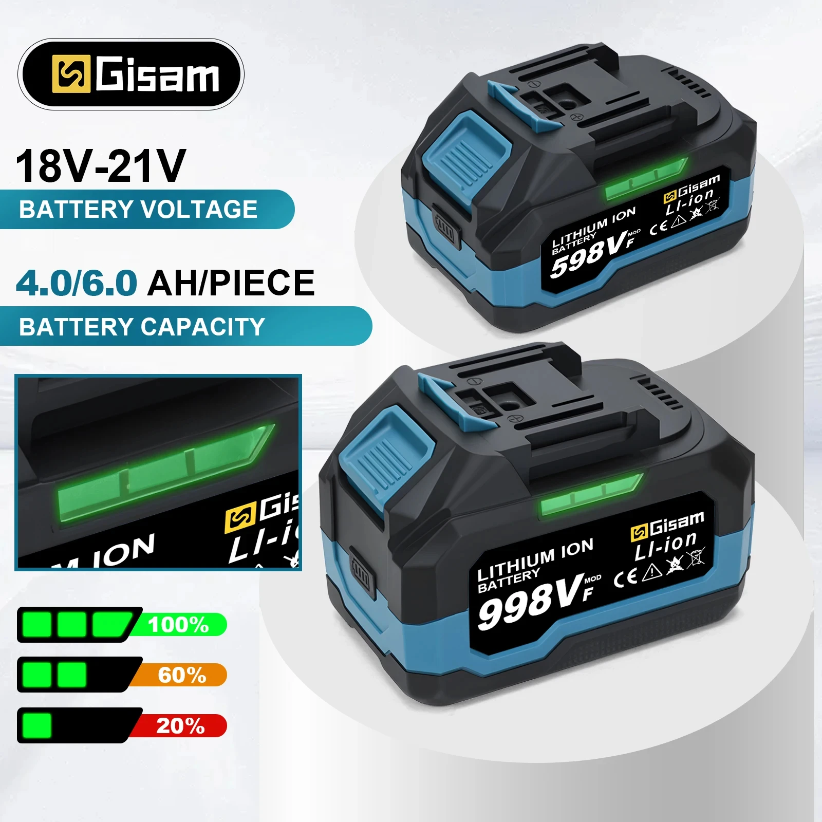 GISAM Bateria Recarregável 18V, 4.0Ah e 6.0Ah íons de lítio com indicador LED, compatível com pinos de bateria Makita