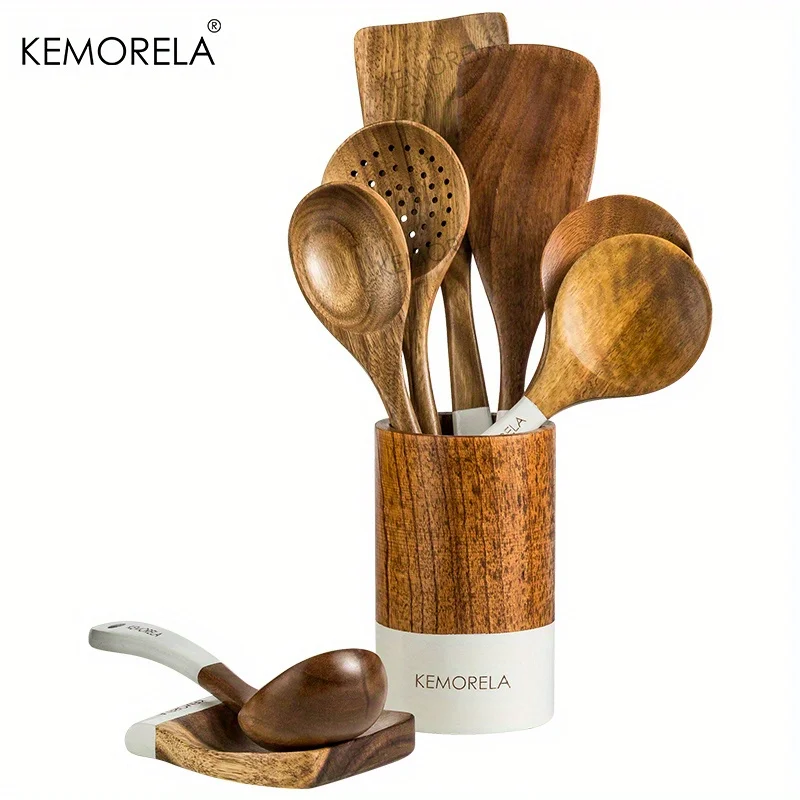 Handmade Wooden Cooking Utensils Set with Spoons Spatulas and Holder