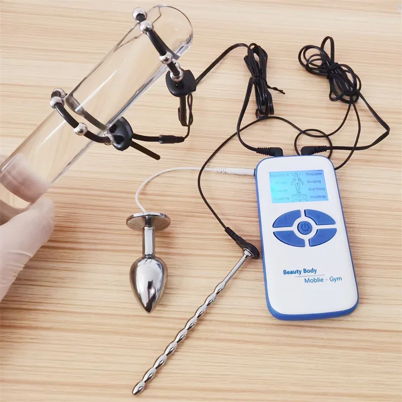 1 Set Urethral Dilator Sounding Metal Horse Eye Stick 8 Modes Electric Shock Silicone Penis Rings Anal Plug Sex Toys for Men Gay