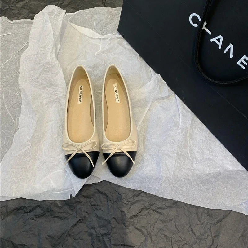 Women Leather Flat Shoes Fashionable Round Toe Casual Ballerina Bow Ballet Shoes Soft Moccasin Black with Beige  Lolita Shoes 4