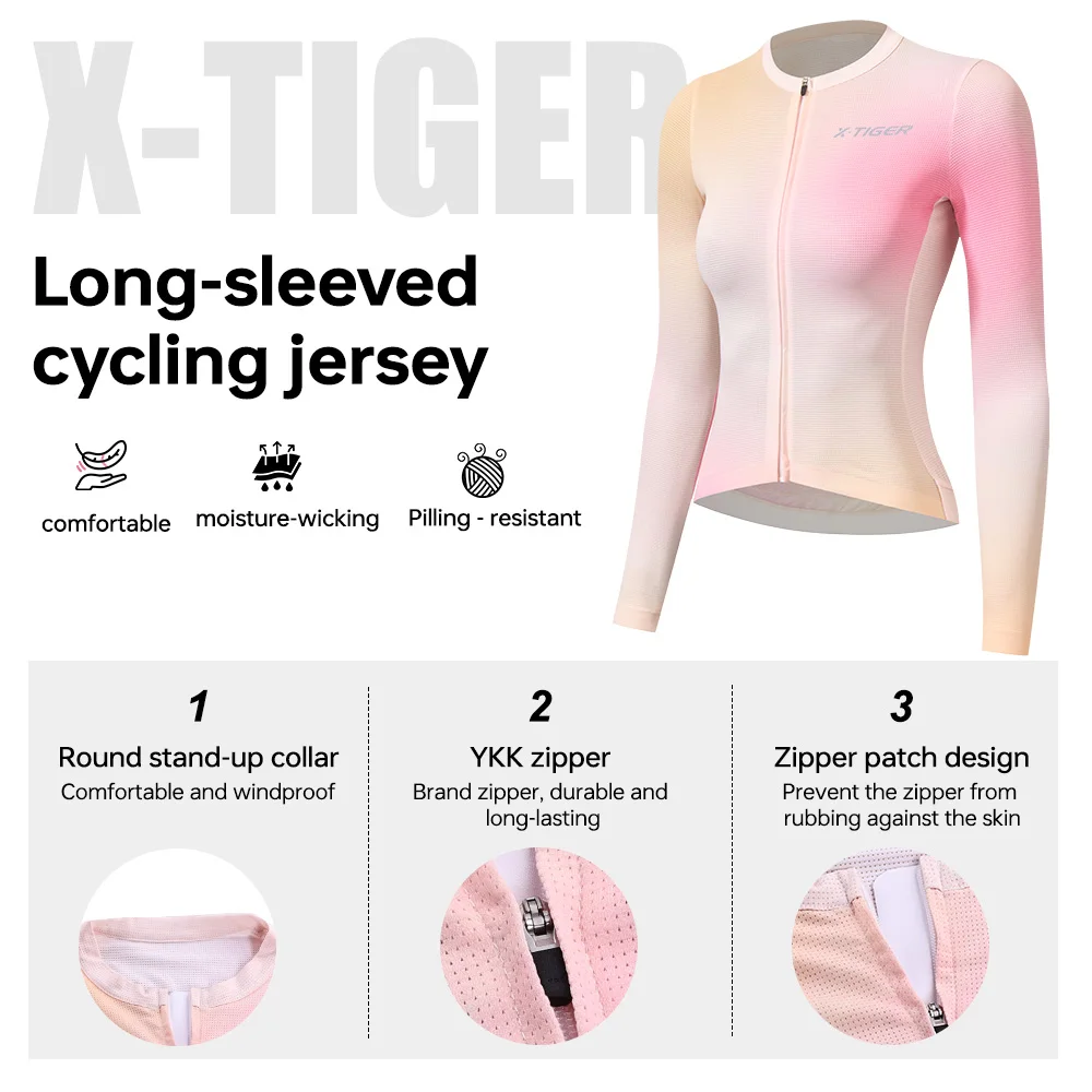 X-TIGER 여성용 사이클링 저지 부드러운 통기성 속건성 긴 소매 3 포켓 자전거 의류 SPF 50+ 사이클링 탑
