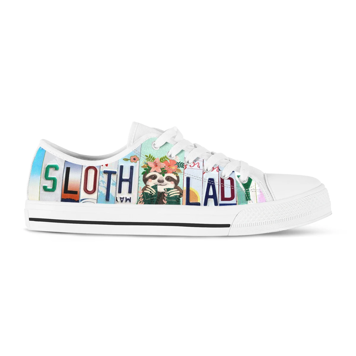License Plate Sloth Lady Cute Women Canvas Shoes Low Top Vulcanized Sneakers Light Comfort Flats Plus Size 12 13