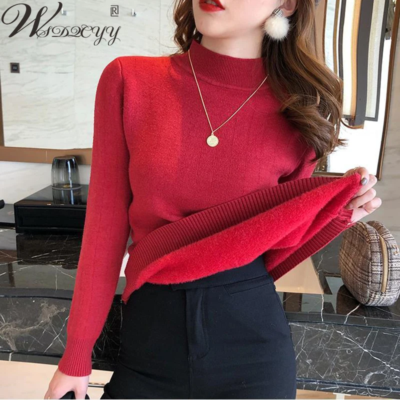 

Winter Thick Knitted Sweater Women Fleece Lined Oversized Knitwear Tops 2022 Keep Warm Add Velvet Half High Collar Soft Pullover