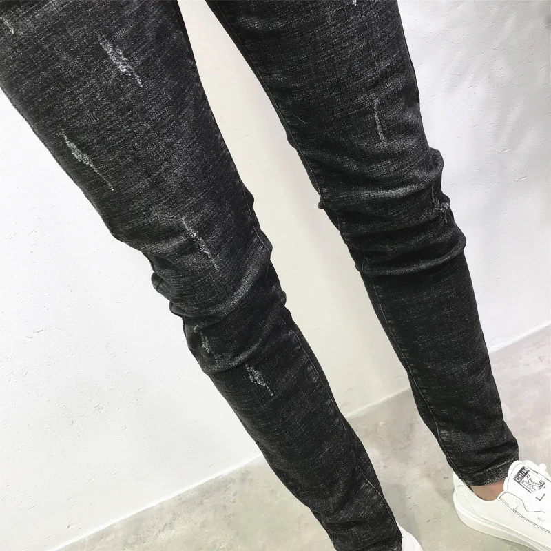 Hot  2022 Fashion casual Men's jeans spring autumn designer slim feet pencil pants simple cat printed scratch black trousers