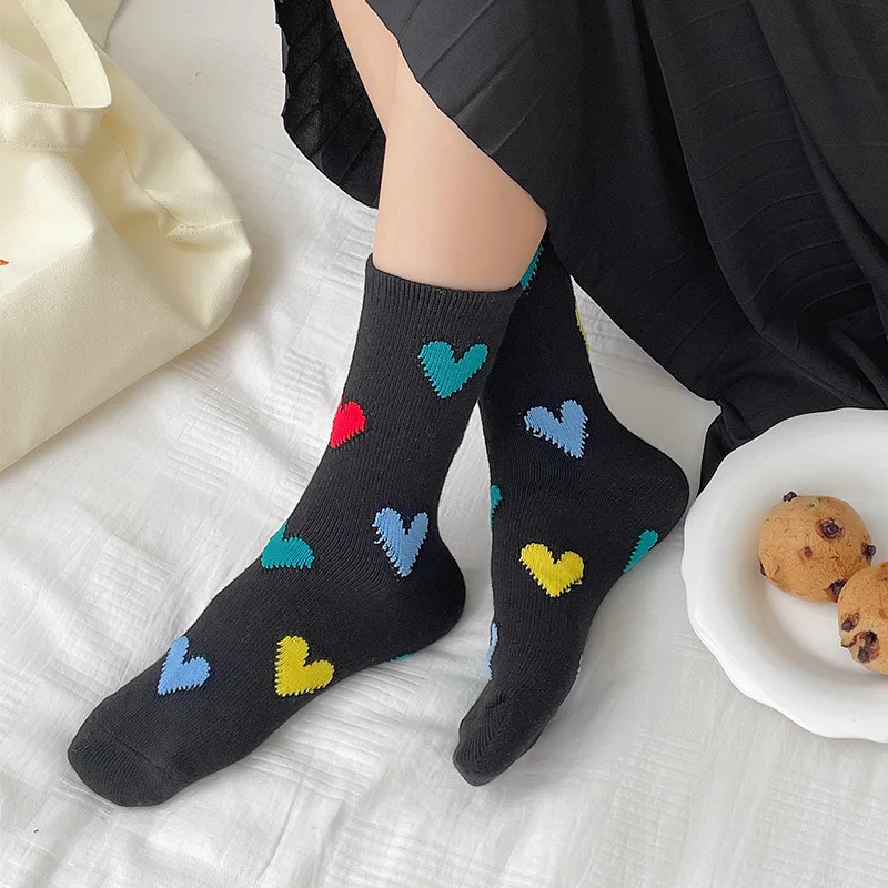 Women Girls Stitch Warm Thermal Cotton Winter Floor High Long Socks Autumn Children Heart Print Japanese Kawaii Cute Stockings