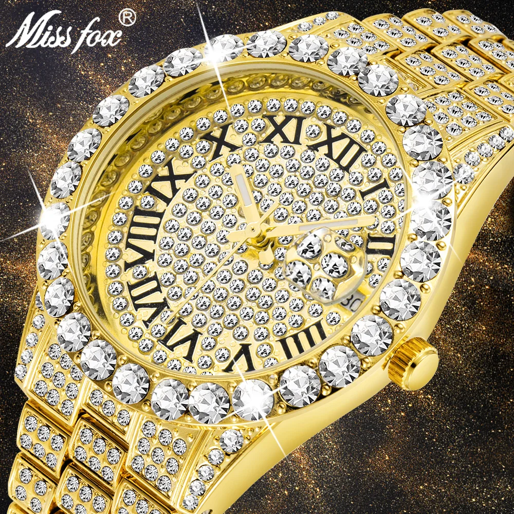 36mm Luxury Watch For Women Fashion Full Ice Out 18K Gold Plate Quartz Lady Wristwatch Hip Hop Bling Diamond Dress Jewelry Clock 36mm luxury watch for women fashion full ice out 18k gold plate quartz lady wristwatch hip hop bling diamond dress jewelry clock