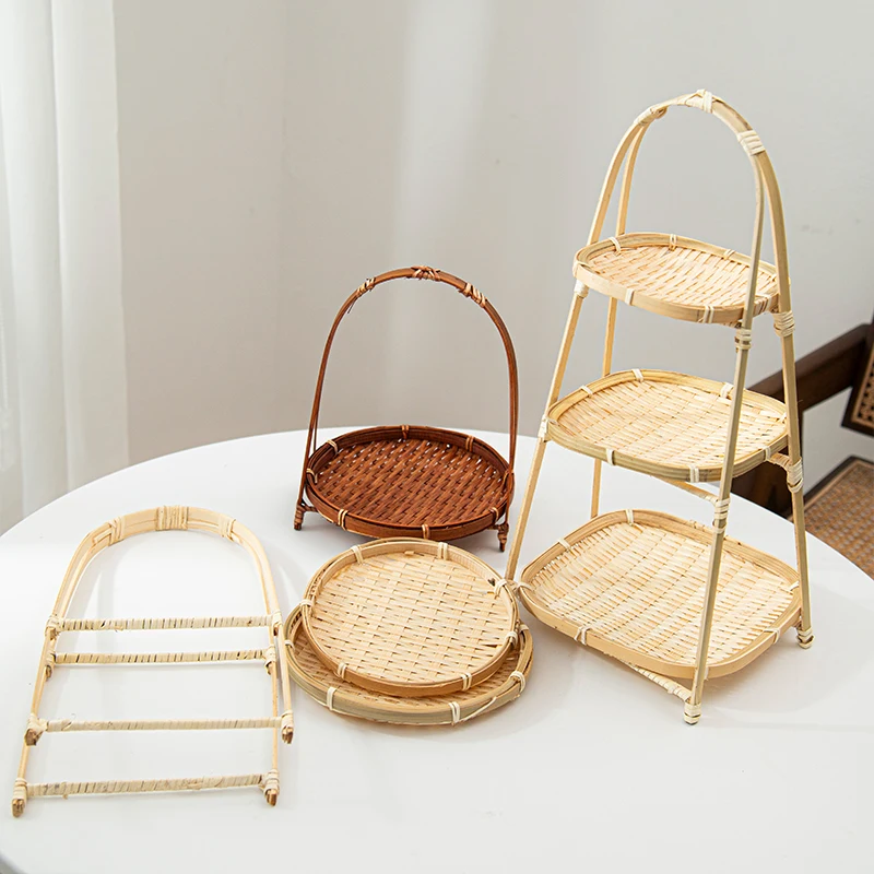 1/2/3 Tier Storage Tray Bamboo Woven Baskets Handmade Fruit Bread Snack Plate Kitchen Dining Room Desk Picnics Basket Organizer 2
