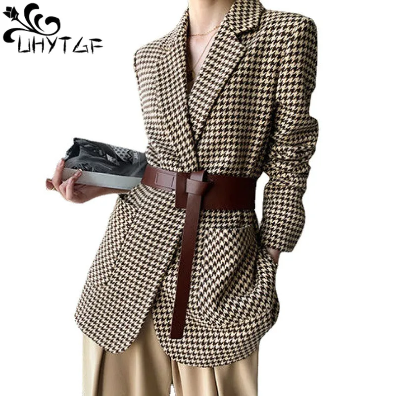 

UHYTGF High-End Woolen Suit Jacket For Women Fashion Plaid Casual Spring Autumn Wool Coat Female With Belt Cardigan Clothes 2717